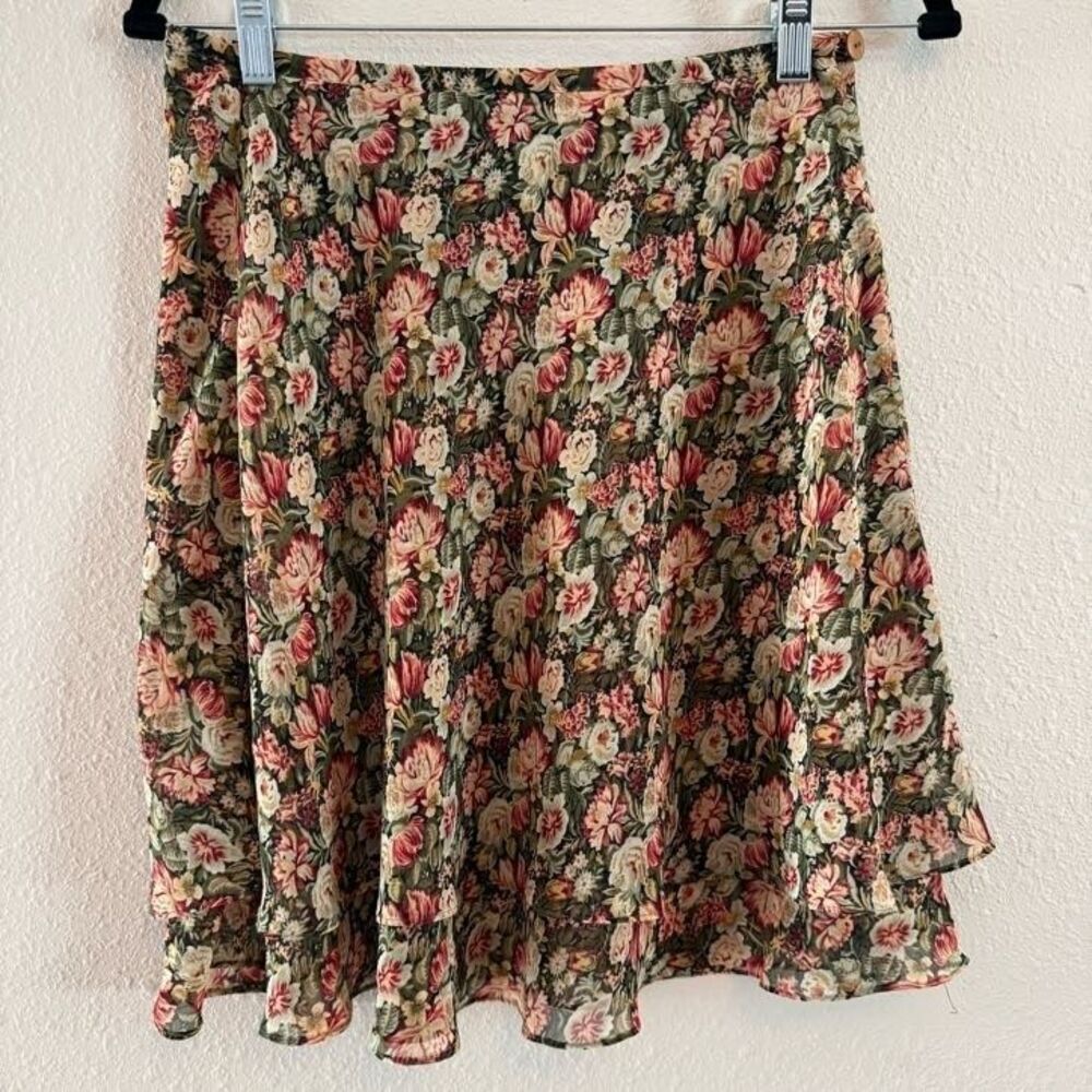 VTG 90s Express Womens Skirt Petite All Over Floral Print Ruffle Hem